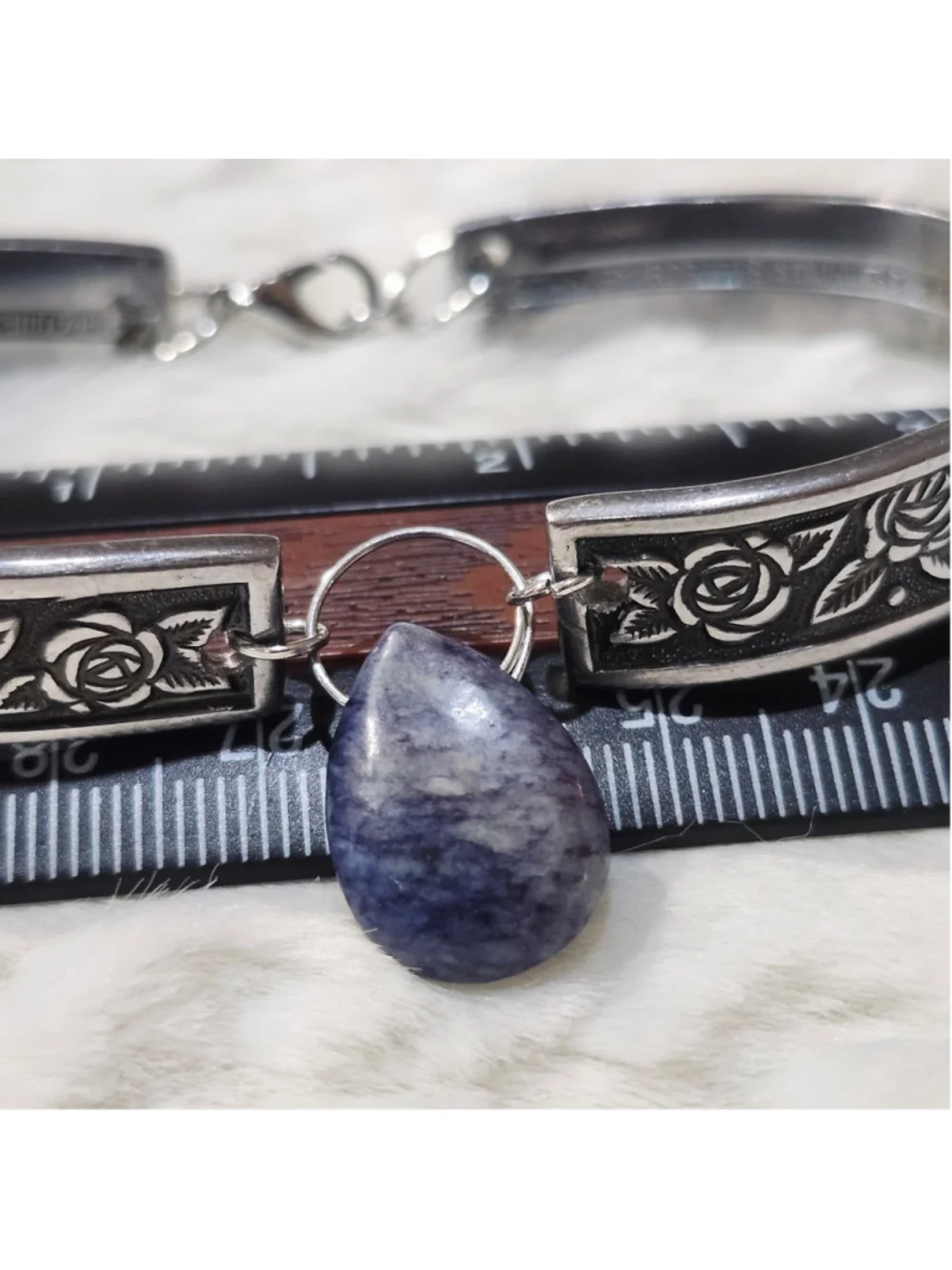 Rose Pattern Silverwear Bracelet with stone charm
